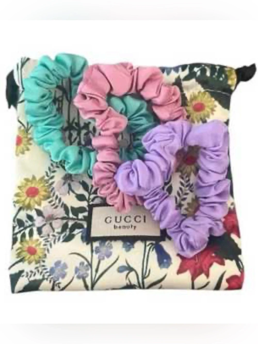 Gucci Floral Satin Scrunchie Trio in Purple, Pink & Teal with Floral Pouch